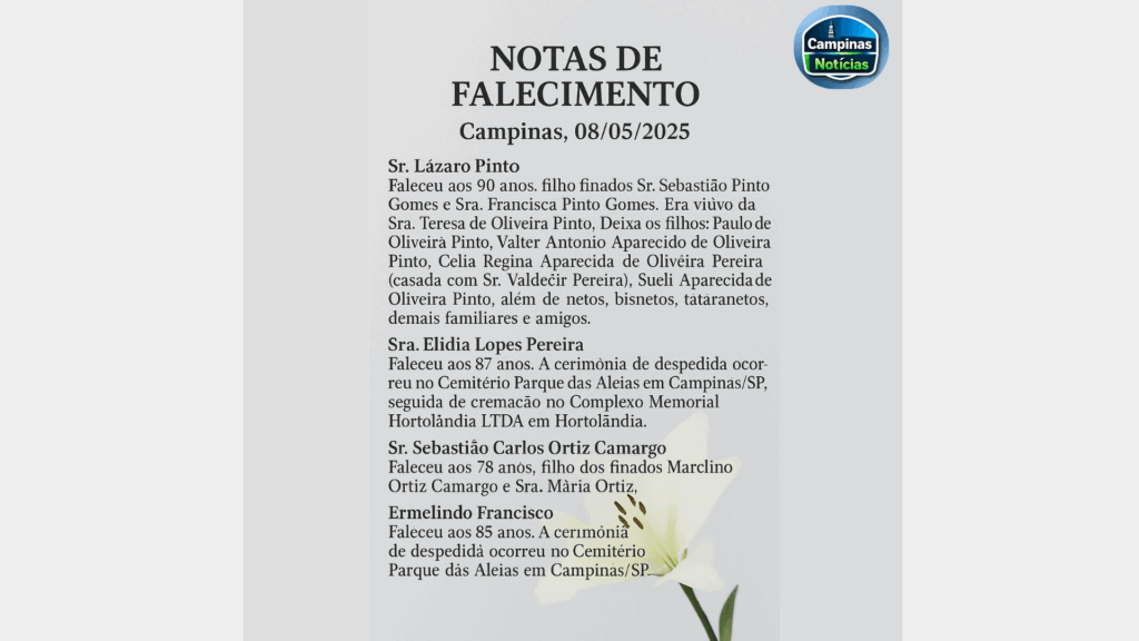 notas de falecimento em campinas 08.05.2025