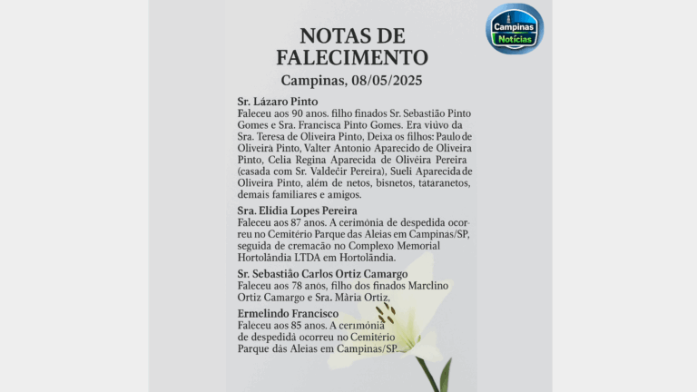 notas de falecimento em campinas 08.05.2025
